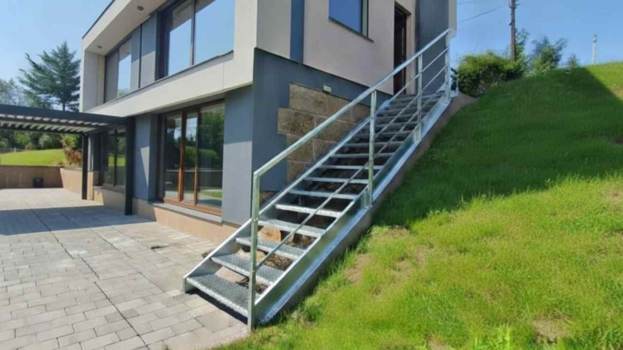 Schody s poloroštovými stupni a jednoduchým zábradlím, kostrukce žárově zinkována